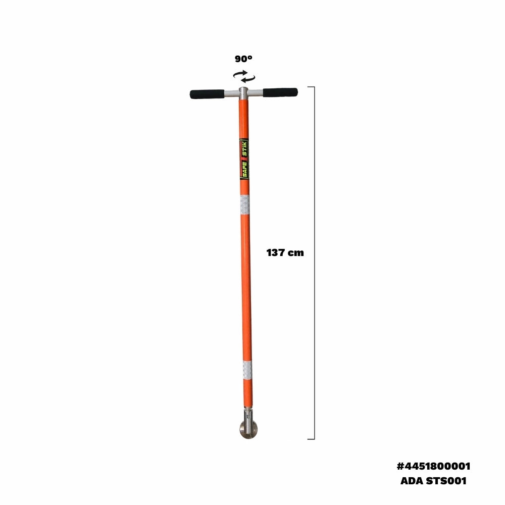 Langt orange værktøj med T-formet håndtag og greb; nederst en metal komponent.