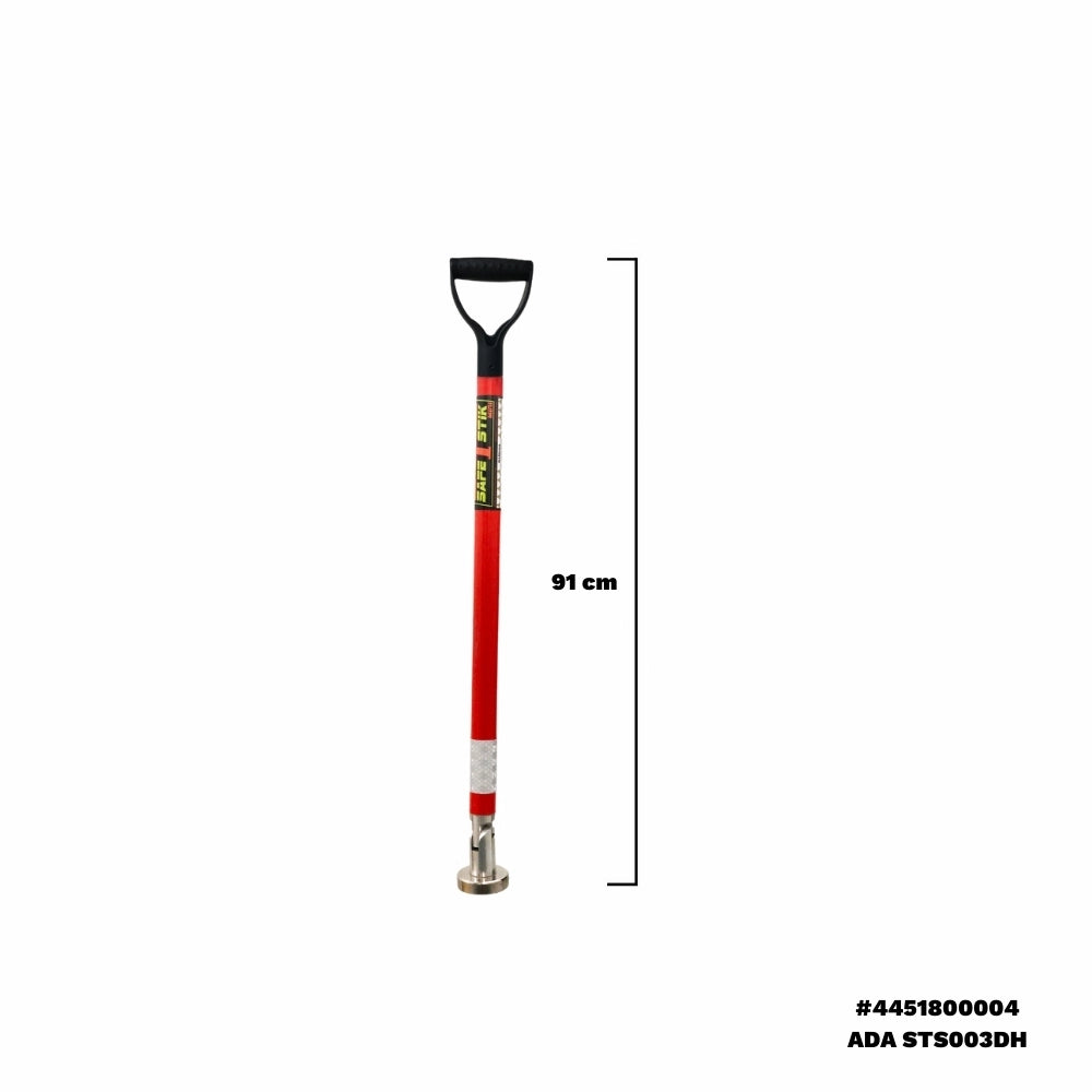 Slankt værktøj med rød skaft, sort ergonomisk håndtag og metalbund, længde 91 cm.