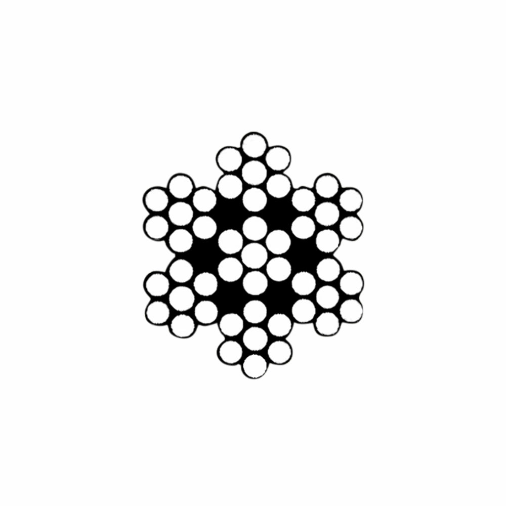 Tværsnit af stålwire 7x7, med tråde snoet sammen i en geometrisk symmetrisk form.