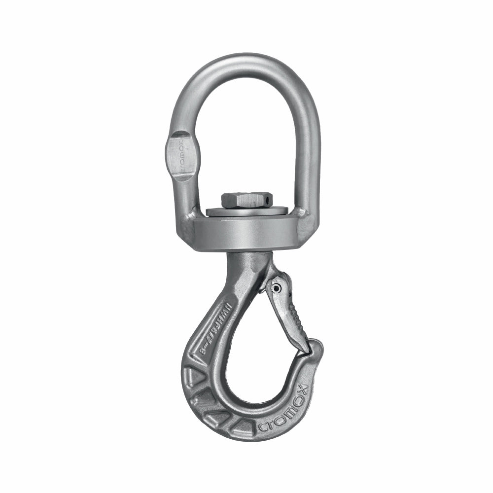 Metal svirvel lastkrog med teksten "Cromox" og "8- PAS 6/100" præget på krogen.