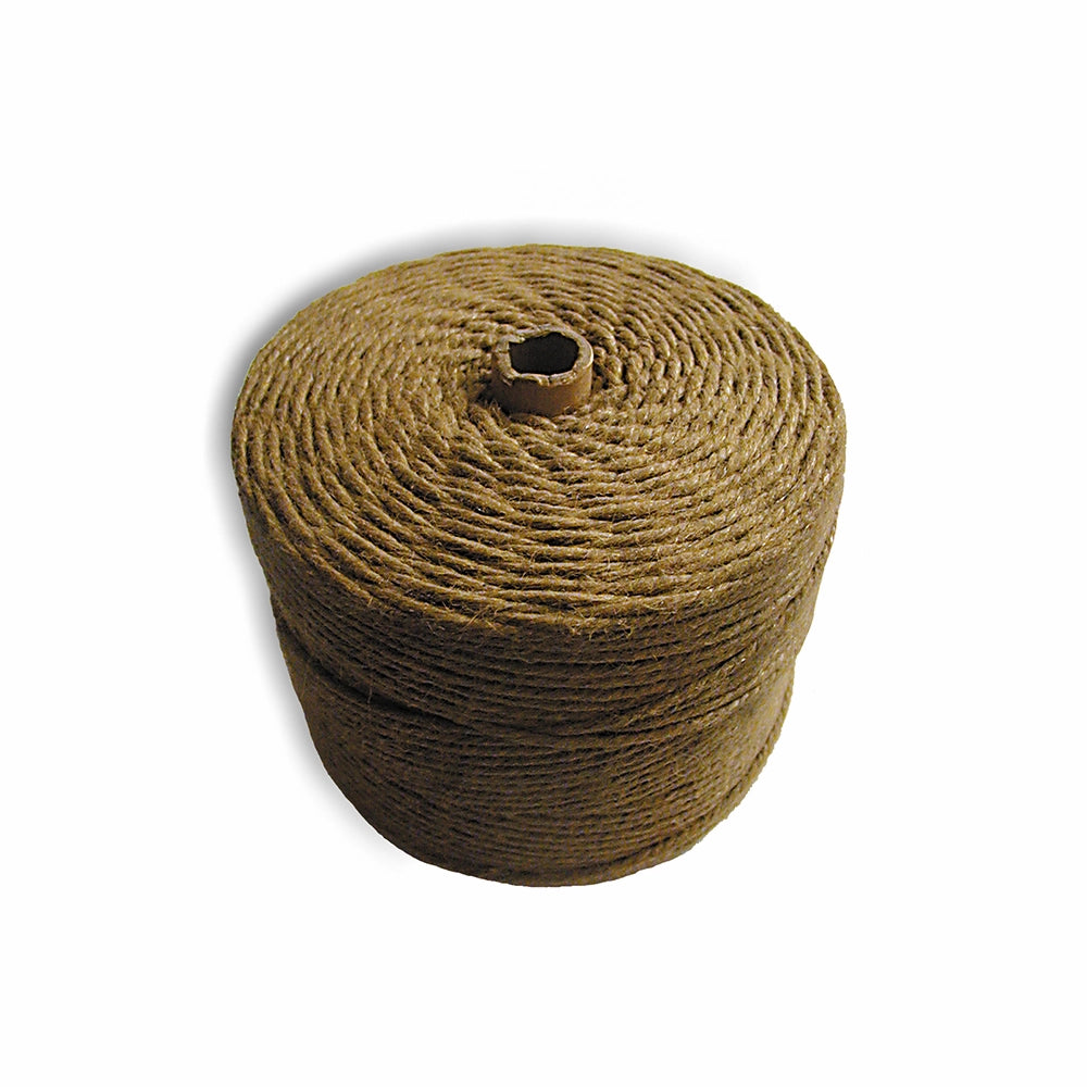 Brun snoet snor på papkerne, spoleformet, med tæt viklet fibermateriale.