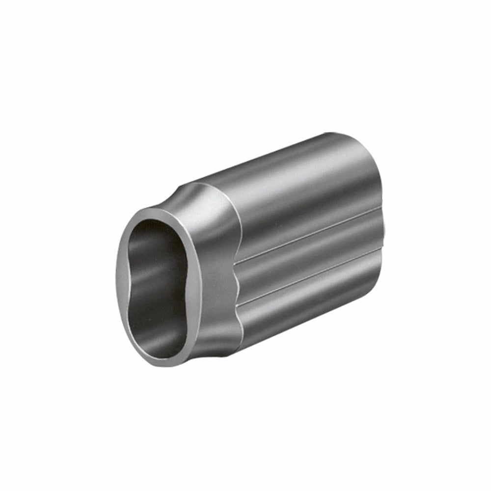 Talurit lås med glat, reflekterende overflade, oval form og rille langs siden.