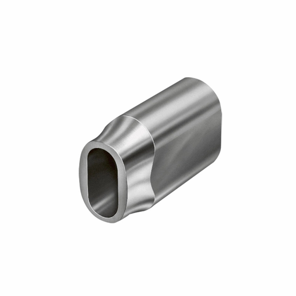 Metallisk, cylindrisk komponent med oval åbning og glat overflade. Aftagende design i den ene ende.