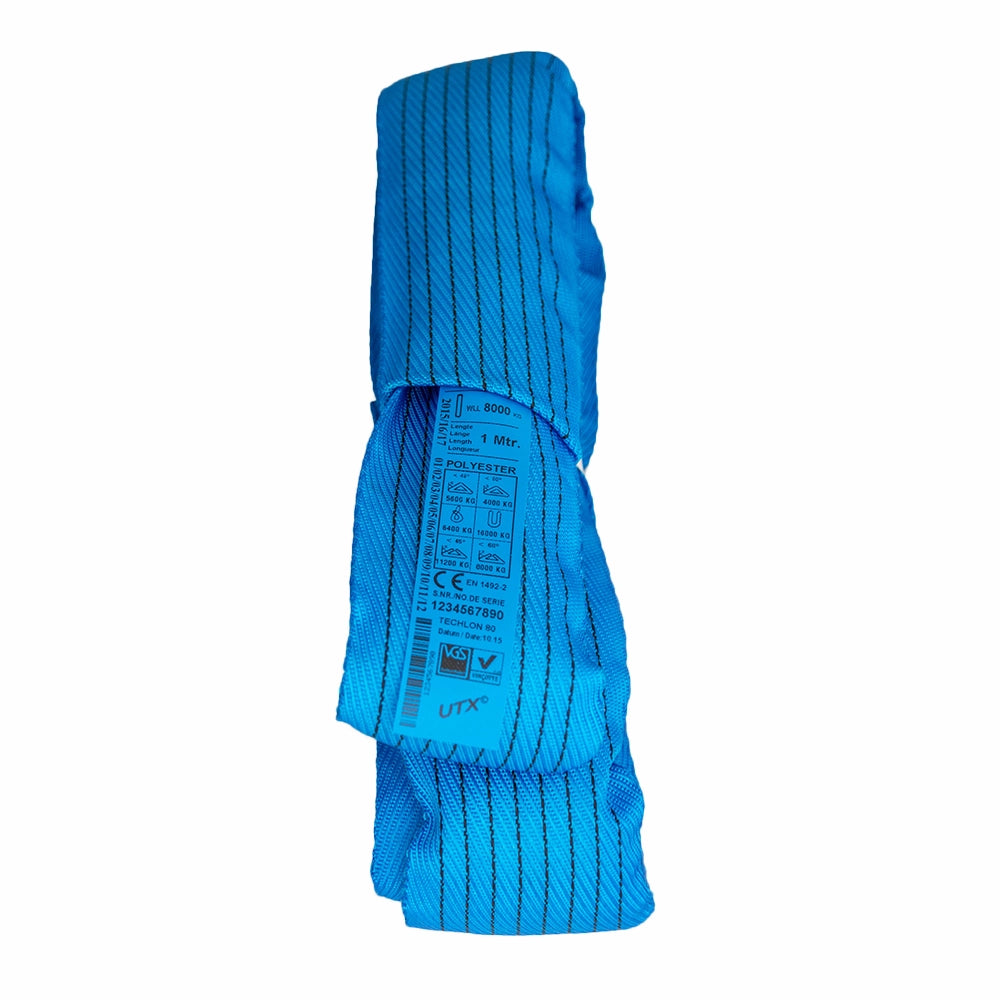 Blå løfteslynge med etiket: WLL 8000 kg, længde 1 m, materiale polyester.