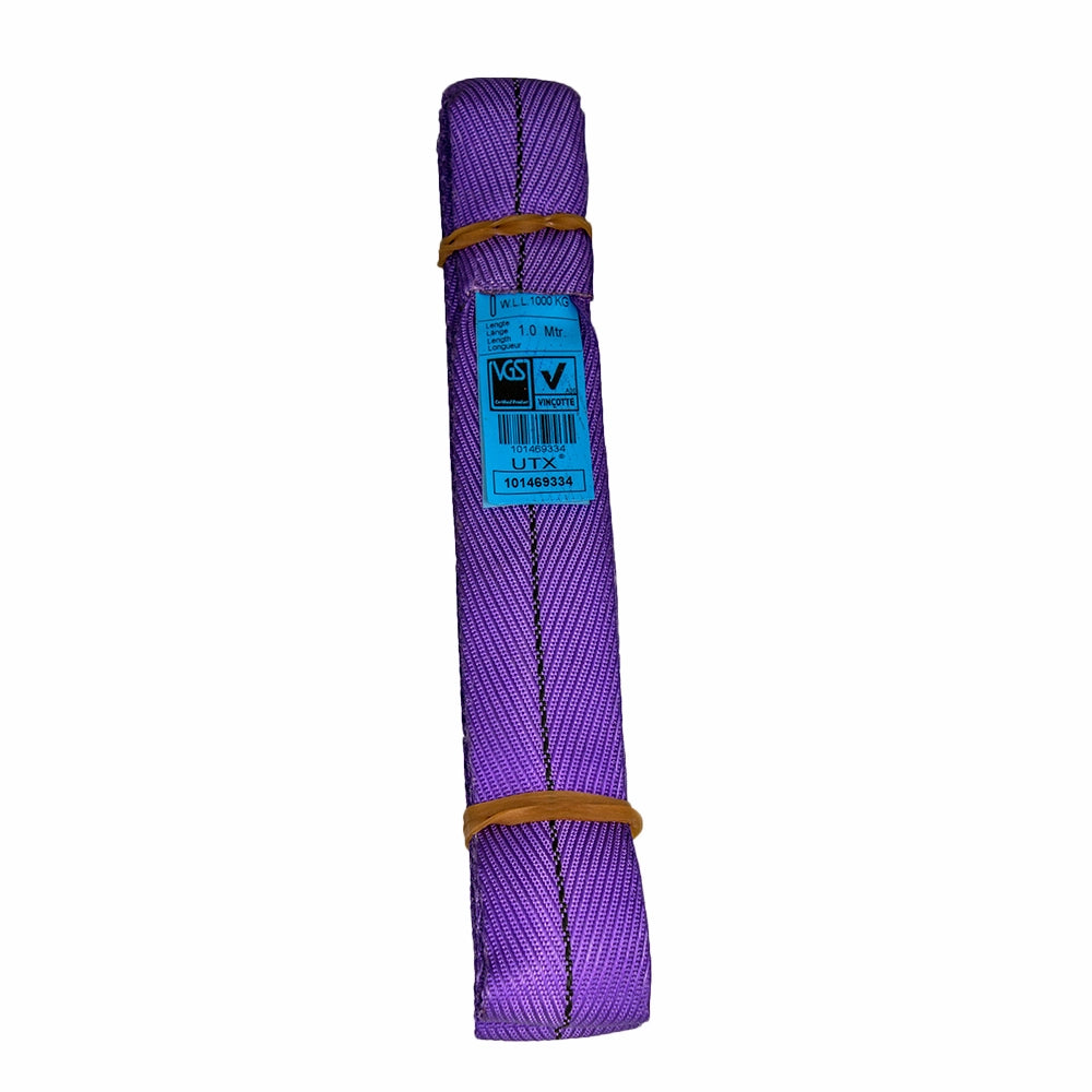Violet rundsling med blå label, tekst om WLL 1000 kg og længde 1 m, bundet med elastik.