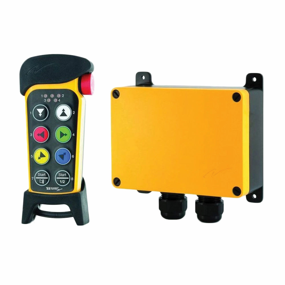 Håndholdt fjernbetjening i sort/gul med knapper, rektangulær modtager med gule front og kabelindgange.