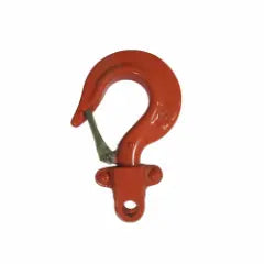 Rød krog med skraldelås, del af løfte- eller riggesystem, buet form, robust design.