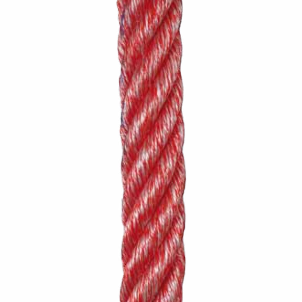 Rød reb med snoet, spiralformet mønster og tætsnoede tråde.