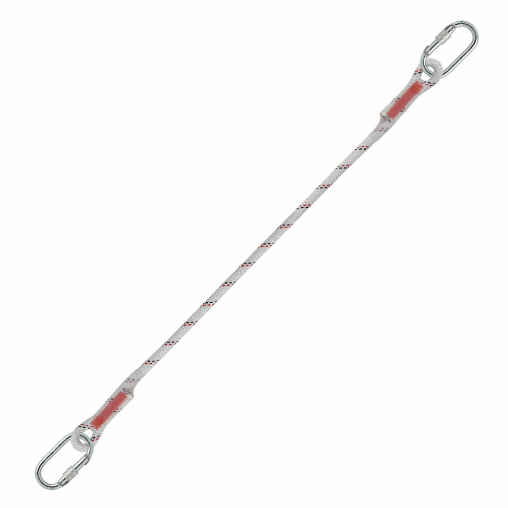 Hvid støtteline med røde/sorte markeringer, karabinhager i hver ende, fastgjort med syninger.