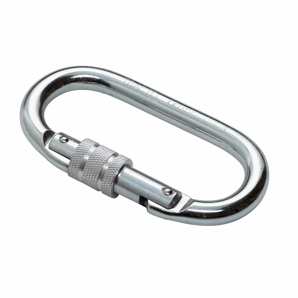 Oval karabinhage i stål med skruelås, poleret overflade og indgraverede detaljer.