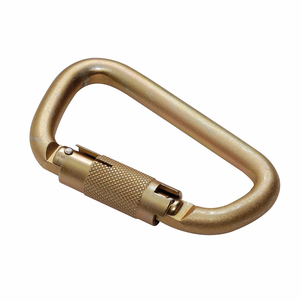Metal karabinhage med twistlock, rund form og glat finish. Velegnet til sikring og klatring.