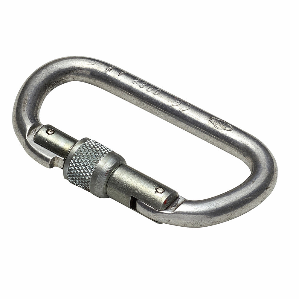 Oval karabinhage i metal med skruelås og utydelige mærkninger på overfladen.