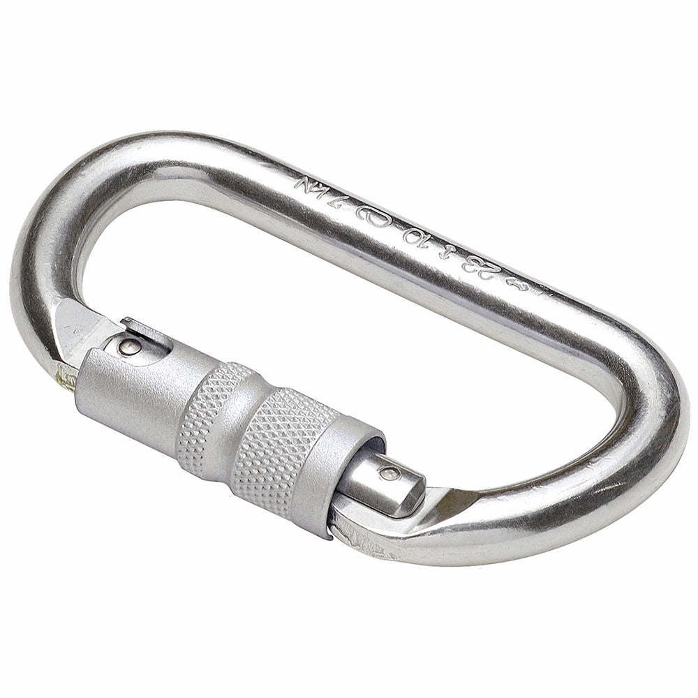 Sølvfarvet oval karabinhage med twistlock-lukning og synlige indgraveringer på rammen.