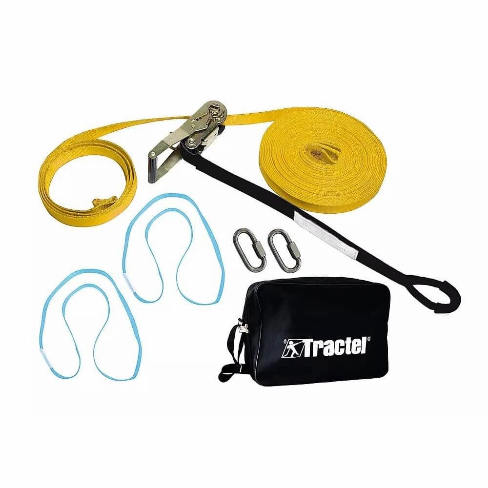 Midlertidigt livlinesæt med gul rem, to karabiner, blå løkker og sort taske med "Tractel" logo.