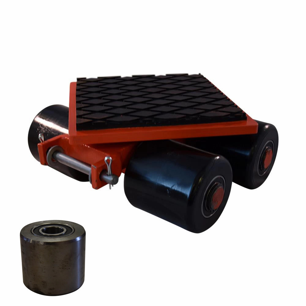 Transportvogn med skridsikker platform og store hjul. Separat metalcylinder vises nedenfor.