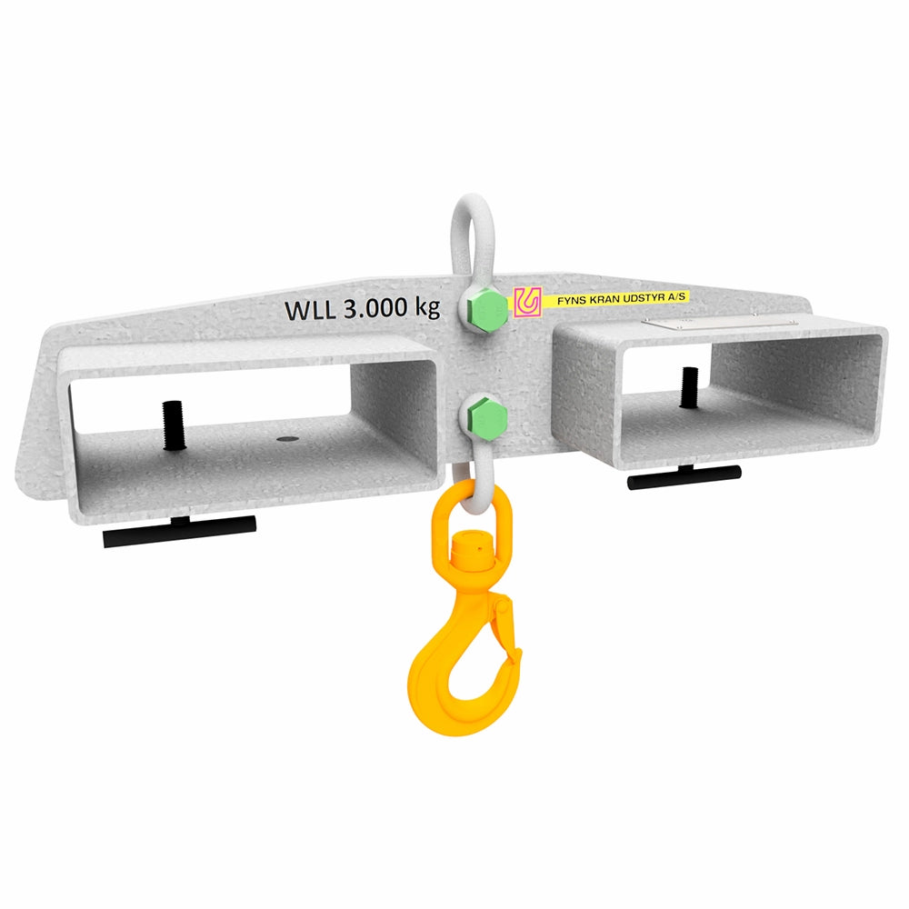 Løfteanordning med to åbninger, gul krog, grønne bolte. Tekst: "WLL 3.000 kg", "FYNS KRAN UDSTYR A/S".