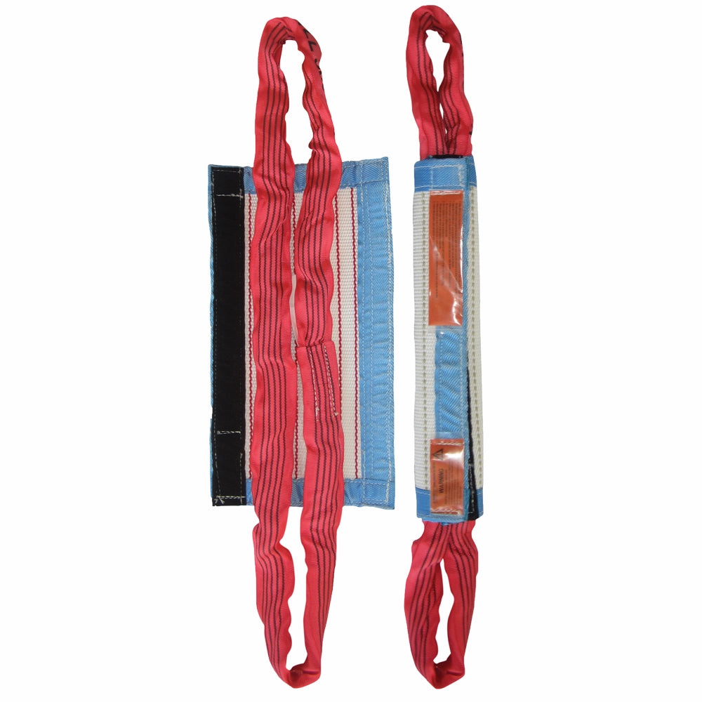To kantbeskyttelser med blå kanter, røde stropper og synlige sorte og orange velcro-sektioner.
