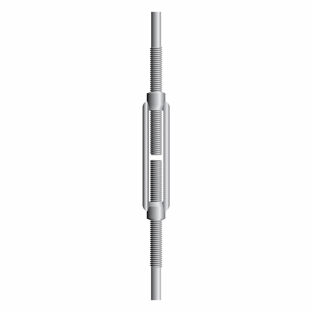 Metal turnbuckle med to gevindstænger, symmetrisk design og synlige gevinddele til justering.