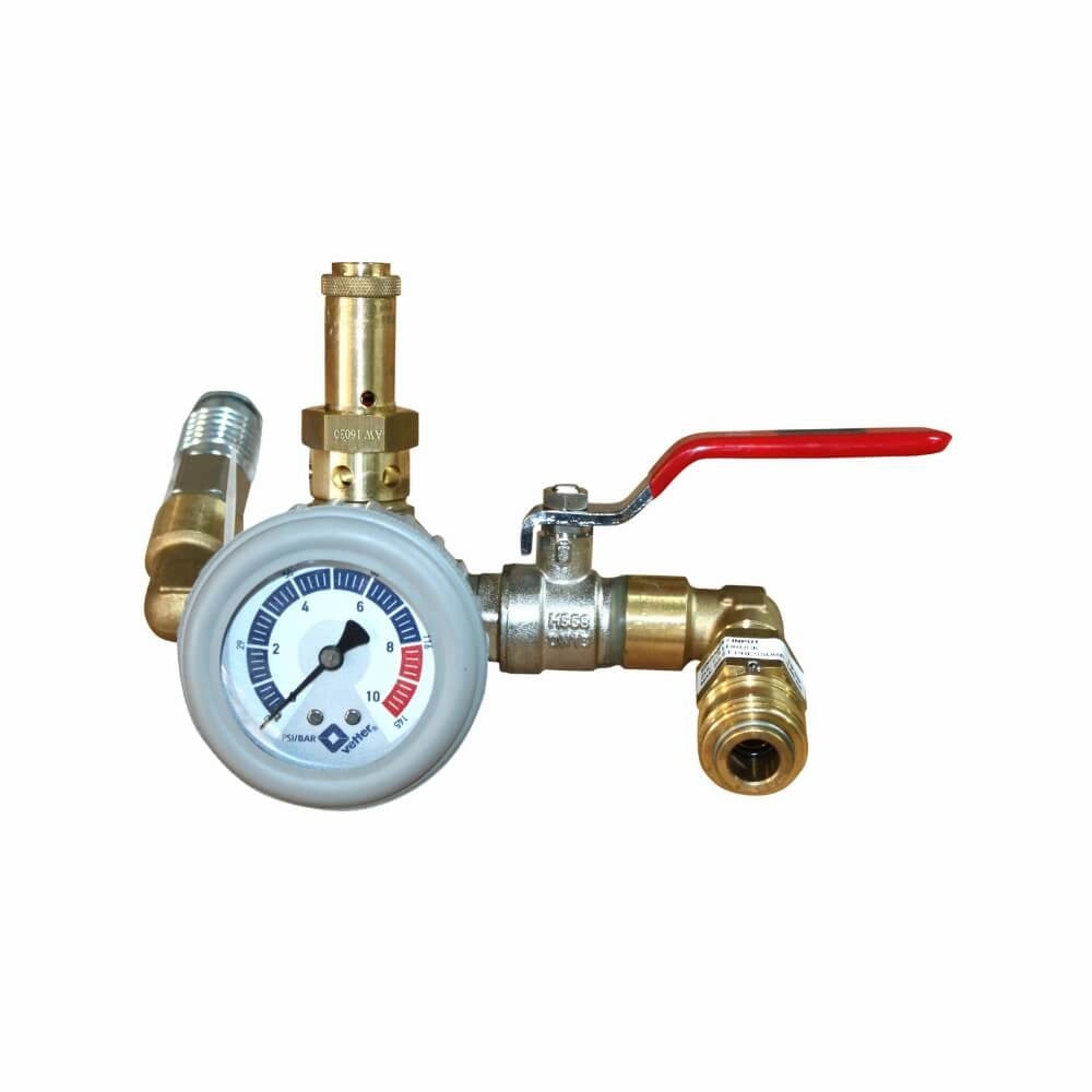 Trykkontrolsystem med manometer (0-10 bar), metalfittings og en rød håndtag.