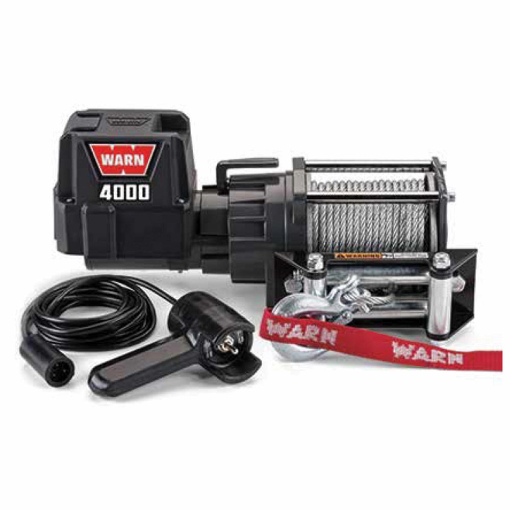 Elektrisk WARN 4000 trækspil med kabeltromle og håndholdt fjernbetjening.