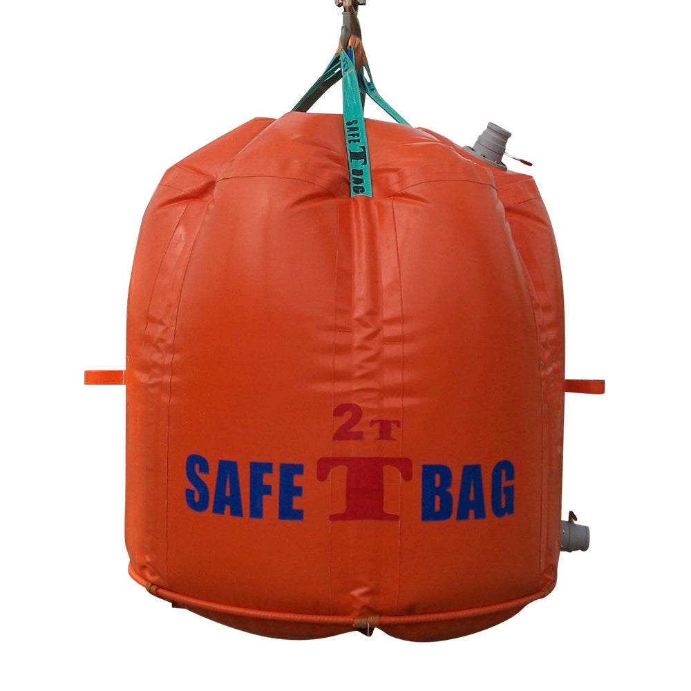 Orange vandpose med teksten "SAFE T BAG" og "2T", angiver 2 ton vægtgrænse.