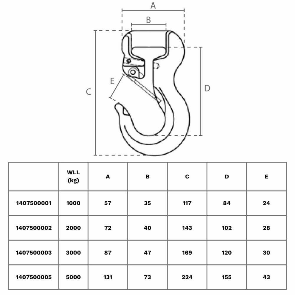 Diagram af grøn WDL Rundslingskrog med metalsikkerhedslås. Lastekapacitet 2000 kg, mål vises.