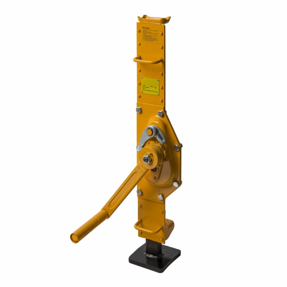 Gul mekanisk donkraft med flad sort base og advarselslabel på siden.