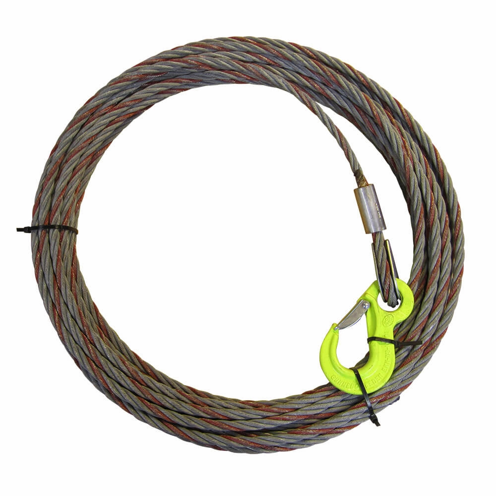 Stålwire i spiralform med grøn krog i den ene ende og metaløje i den anden.