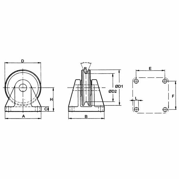 Teknisk tegning af wireskive BR100G med dimensioner, set forfra, fra siden og oppefra.